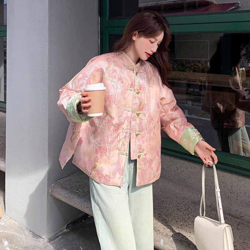 新中式国风粉色盘扣羽绒服女冬季2025新款高级感90白鸭绒唐装外套