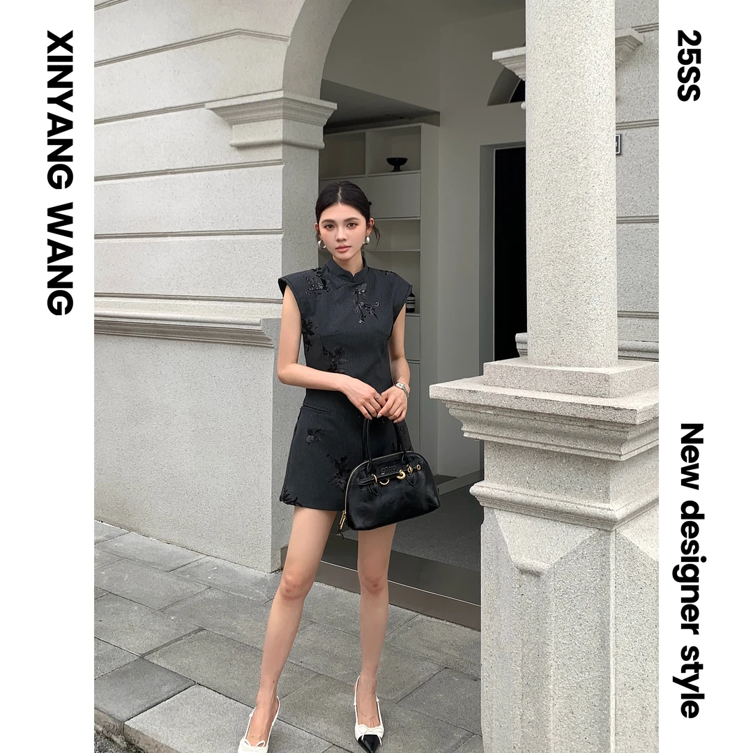 XYW新中式夏早秋中式旗袍黑色显瘦气质国风短款修身连衣裙XYW2520