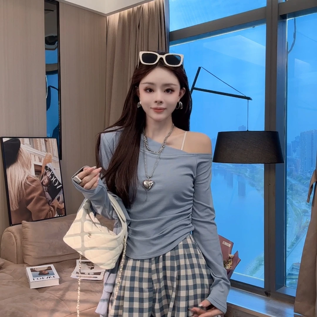 【晓溪服饰】春季新款不规则长袖拼接设计感修身显瘦两件套6121