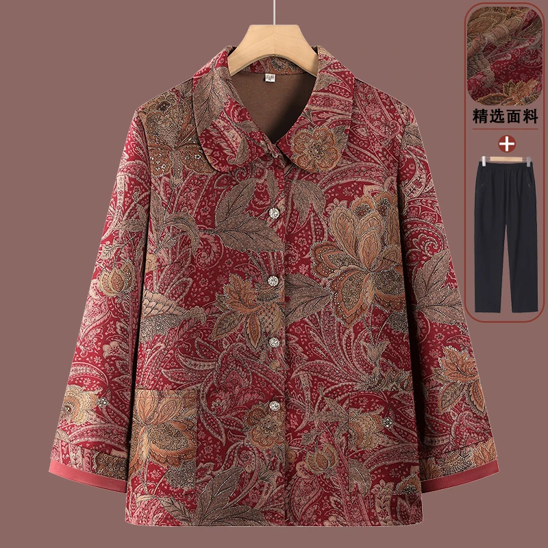 奶奶秋装翻领盘扣衬衫中老年人休闲衣服妈妈上衣女老太太薄外套