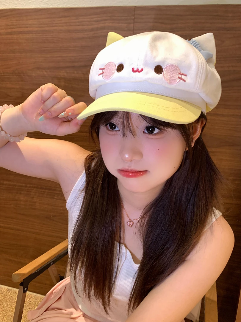 可爱卡通小猫耳朵贝雷帽女甜美百搭八角帽大头围显脸小画家帽子潮