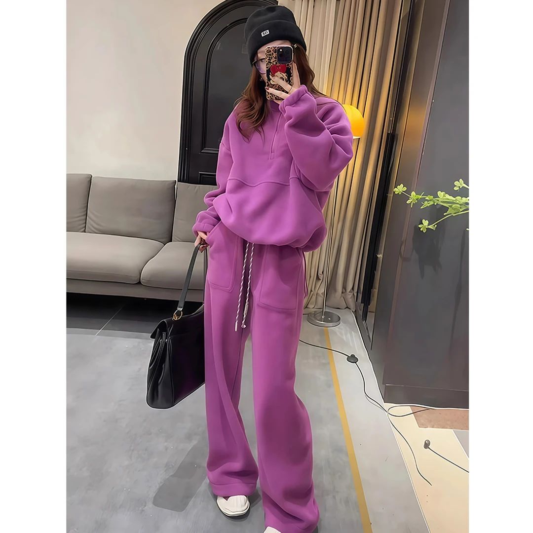 秋冬季加绒加厚紫色卫衣套装女休闲摇粒绒运动服两件套慵懒风洋气