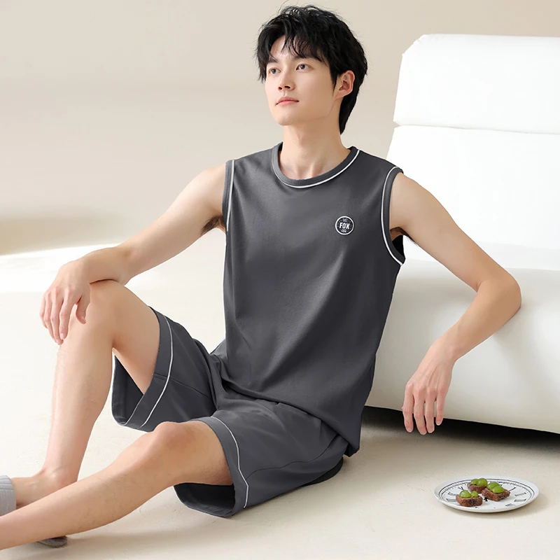 男士睡衣夏款100%纯棉无袖夏季背心男短裤全棉薄款休闲家居服套装