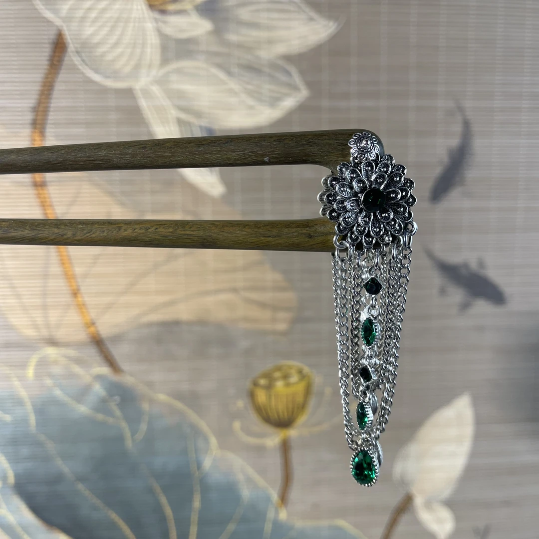 J356绿檀流苏15公分双钗发簪气质发饰中式纯手工国风百搭时尚发簪