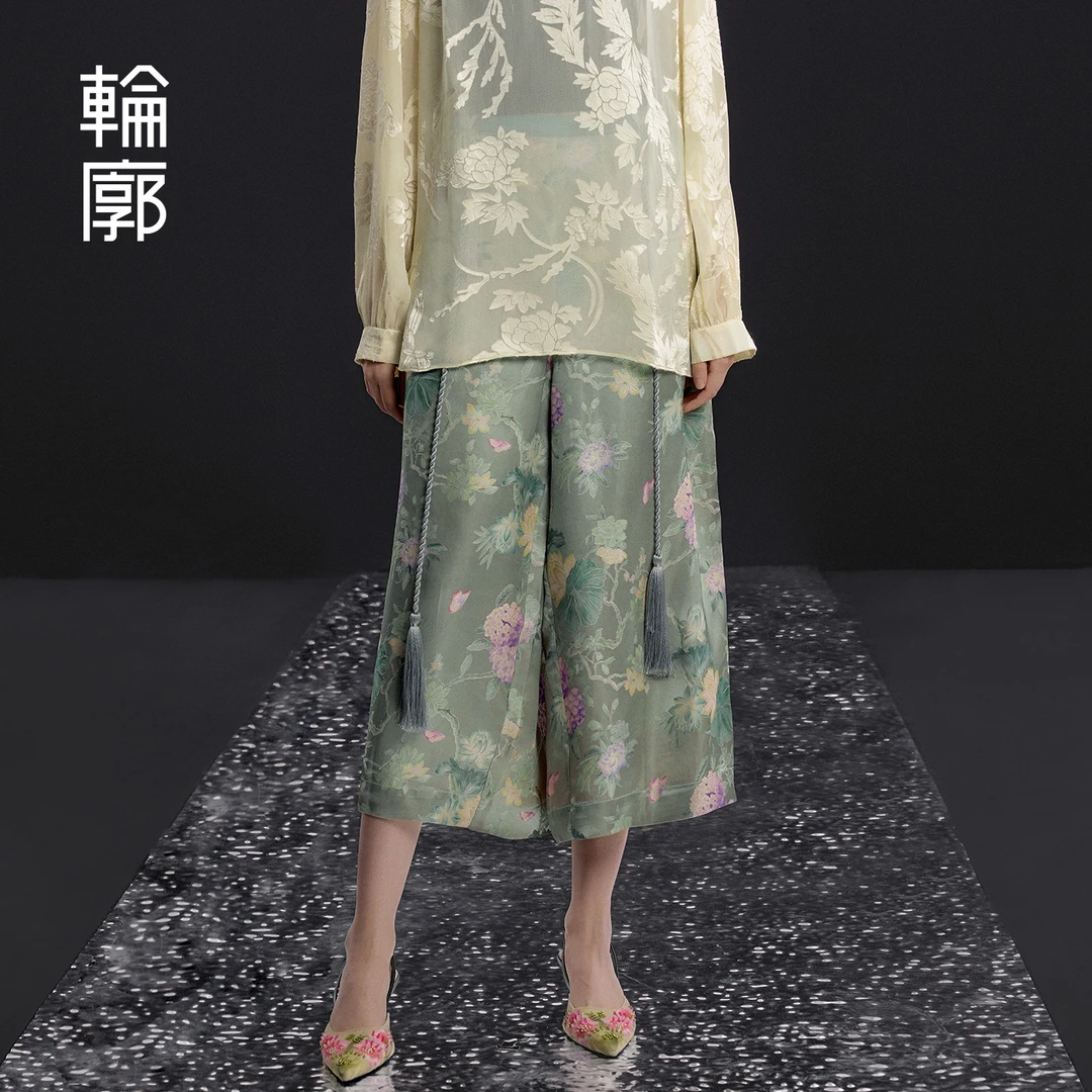 轮廓折枝阔腿裤新中式复古时尚人丝夏天薄款裤子蓝花女L252K009