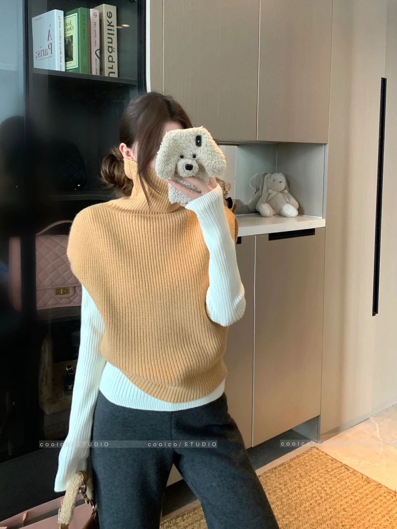 港风chic复古加厚坎肩高领毛衣背心女秋冬氛围感叠穿无袖针织马甲