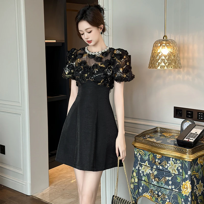 【香香定制】短款时尚小黑裙黑色修身泡泡袖名媛显瘦气质小众21347