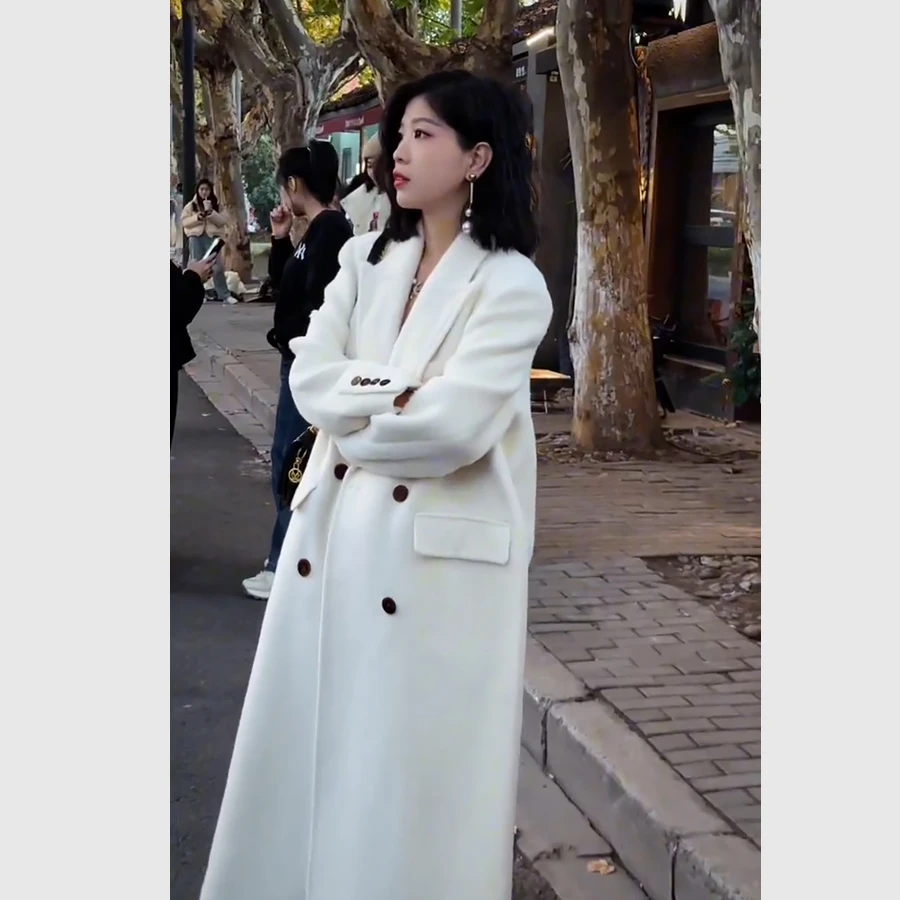 HJR冬季气质绵羊毛+羊驼毛中长款大衣显瘦双排扣毛呢外套