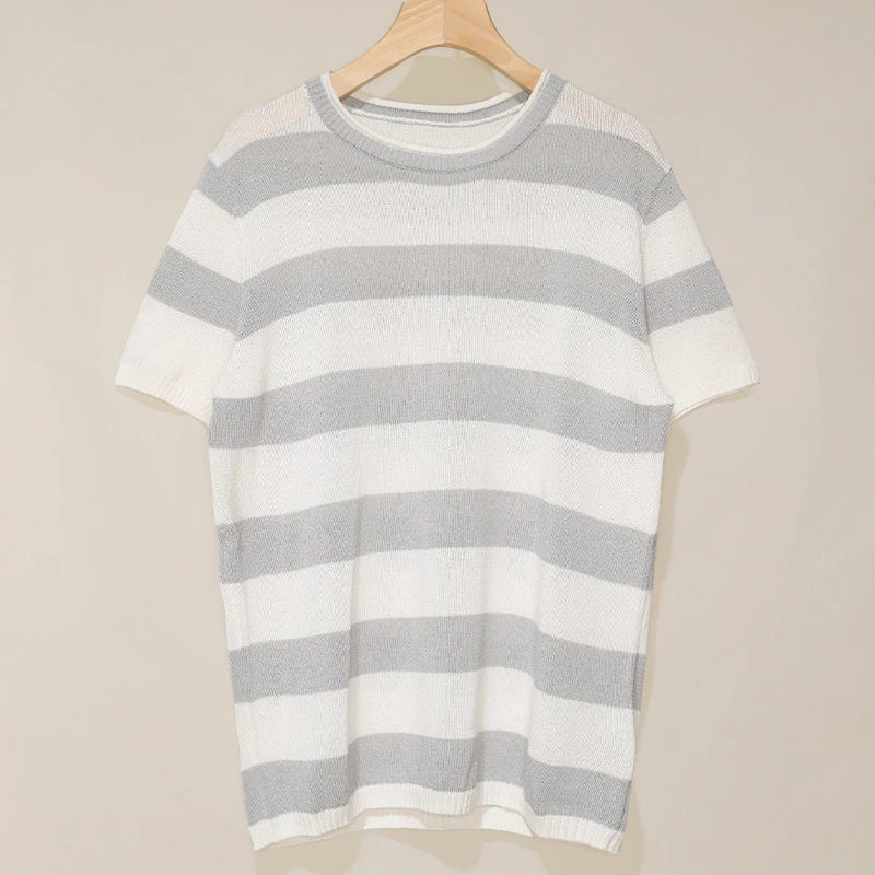 【灰白条纹】夏季薄款简约圆领粗条纹上衣女短袖休闲宽松落肩T恤