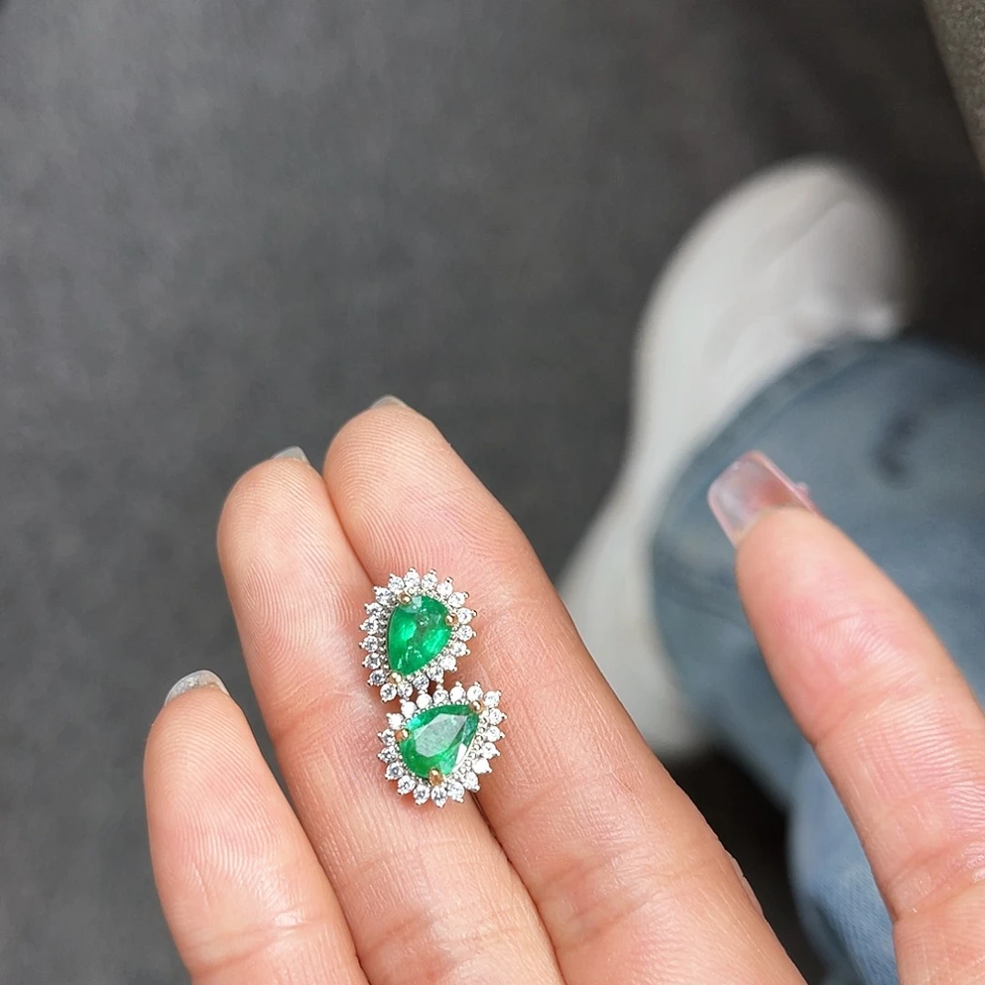 祖母绿珠宝奇石银S925镶嵌耳钉