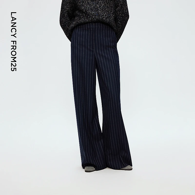 朗姿复古条纹羊毛西装裤高级感轻职场气质西装裤女2025年冬季新款
