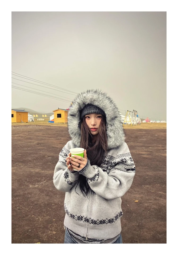 实体品质毛衣外套女秋冬费尔岛毛领连帽针织开衫女宽松慵懒风上衣