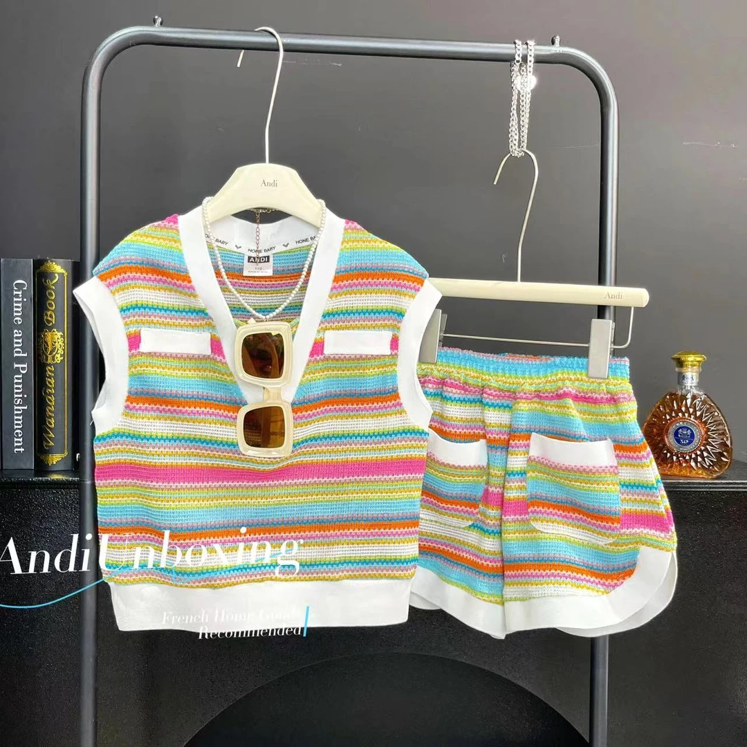 〖ANDI〗订制女童夏季彩色条纹短袖短裤两件套装2500