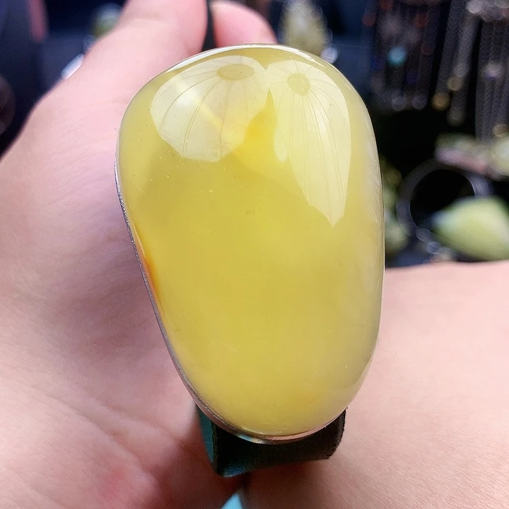 琥珀裸石银S925镶嵌手镯