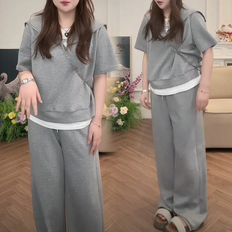 2025夏季新款时尚显瘦假两件烫钻短袖+阔腿裤两件套气质休闲减龄