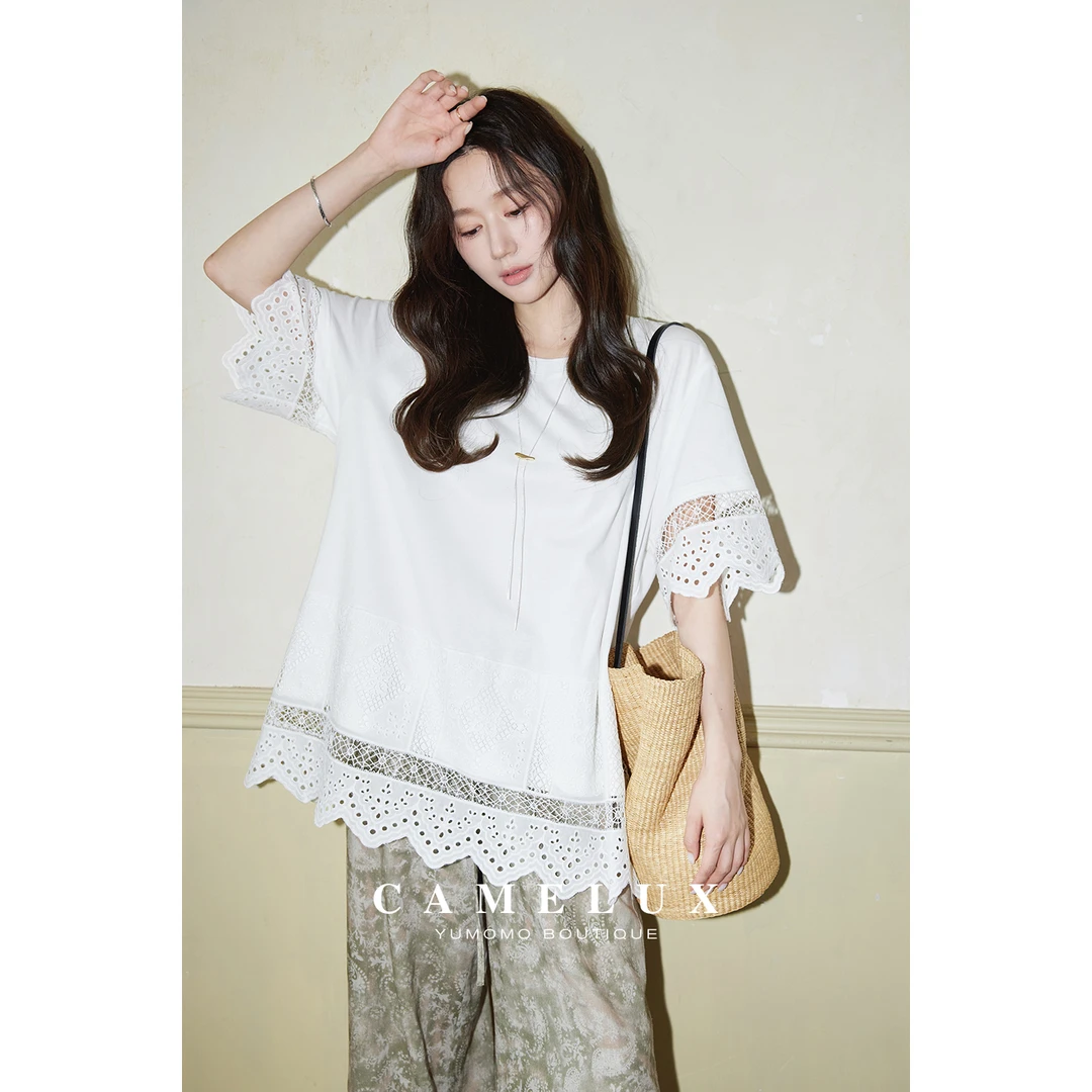 晨露蕾丝衫 定制镂空蕾丝拼 法式宽松显瘦绣花花边T恤 QCA2041