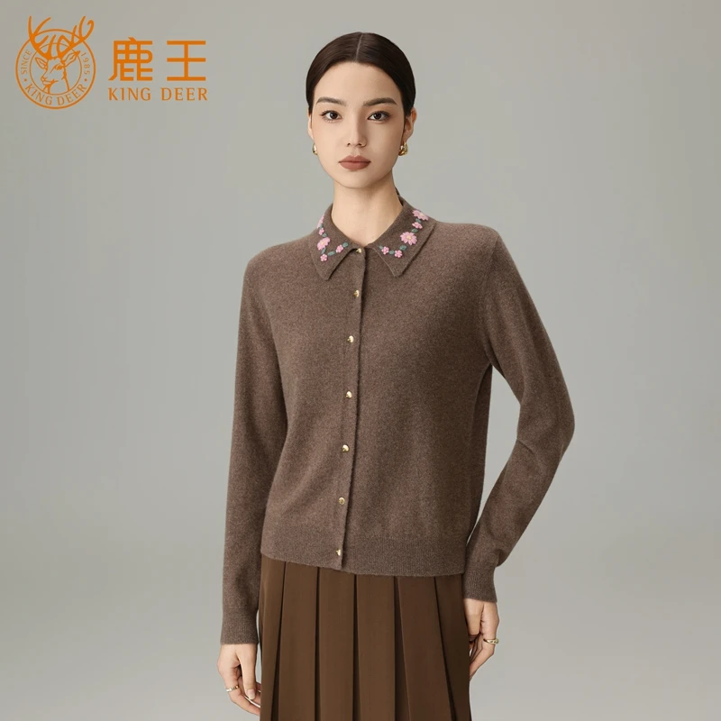 鹿王25秋冬新款女T恤领100山羊绒手绣休闲针织开衫 5J9814