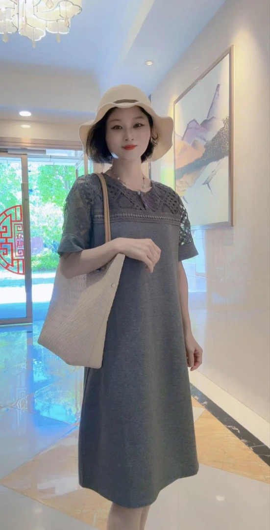 9931高腰显瘦A字裙减龄百搭蕾丝拼接连衣裙