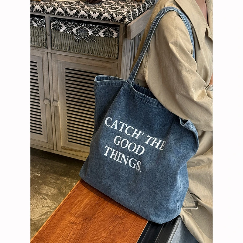 章若楠同款牛仔帆布包包女2025新款大容量休闲百搭单肩托特包