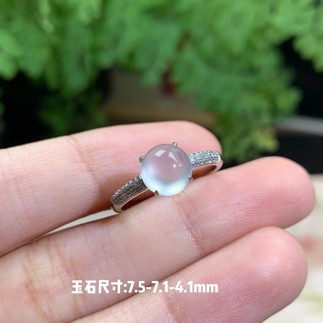 仙子翡翠18k金镶嵌冰种起光小钢蛋蛋面戒指缅甸翡翠A货炸光冰透