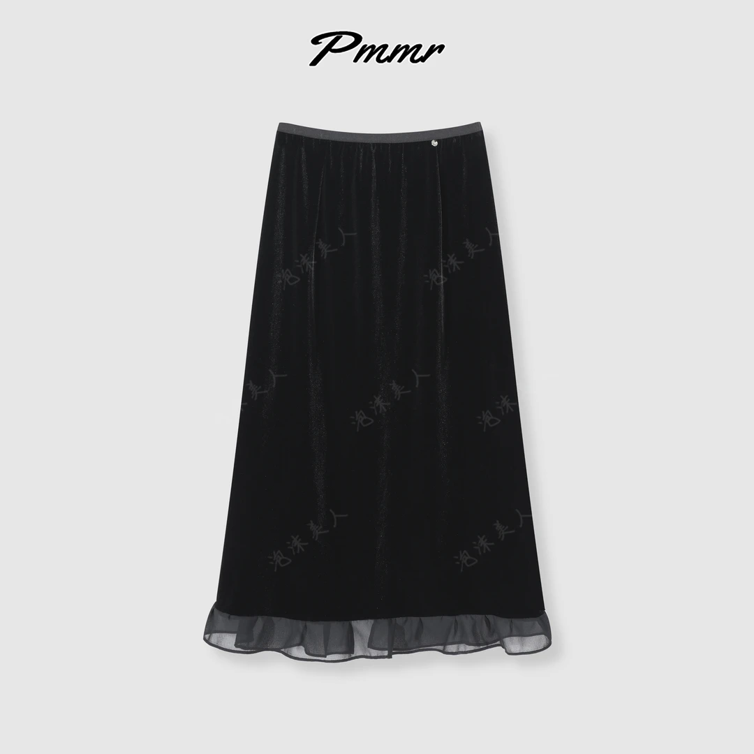 2025早秋新款时尚松紧高腰下欧根纱拼接开叉丝绒中长半身裙 80-82