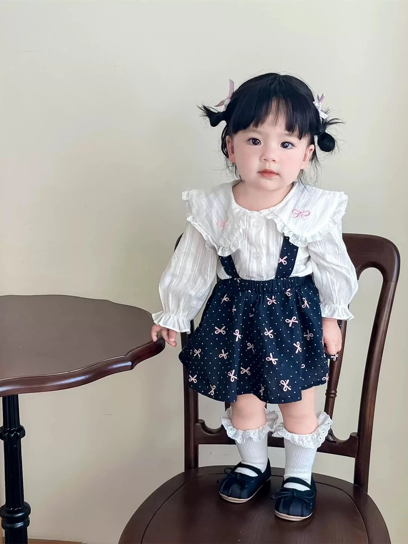 女宝宝春季衣服可爱蝴蝶结长袖娃娃衫包屁裤套装百搭背带哈衣裙子