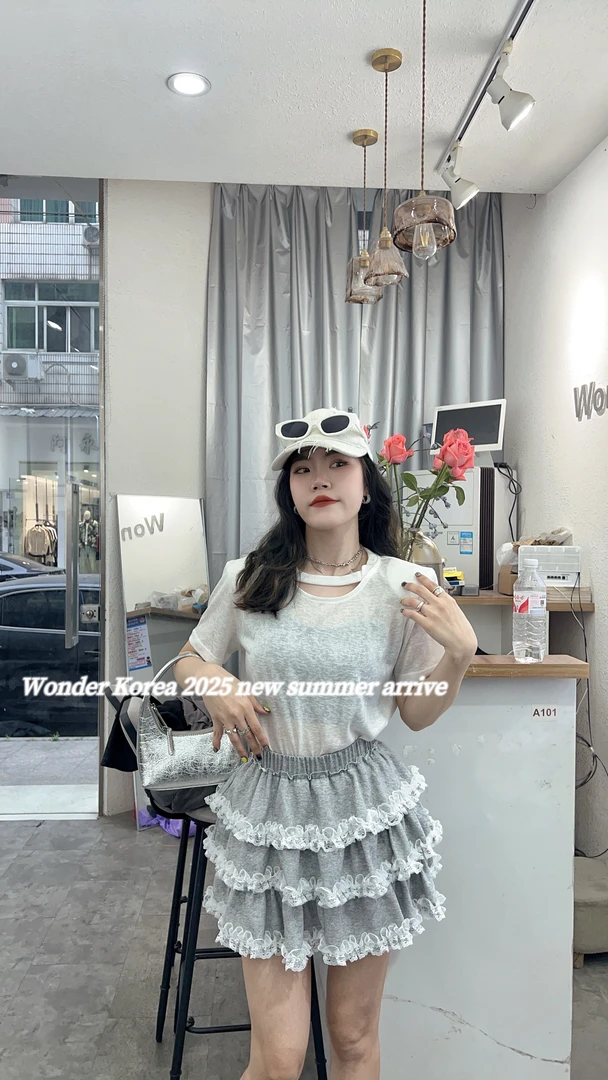 少女风休闲风时尚套装针织蕾丝时尚百褶半裙夏季百搭白色气质重工