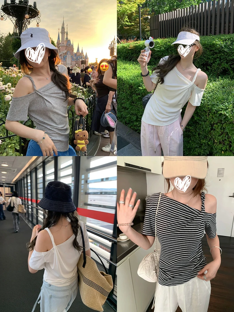 明信片捏褶显瘦露肩斜肩t