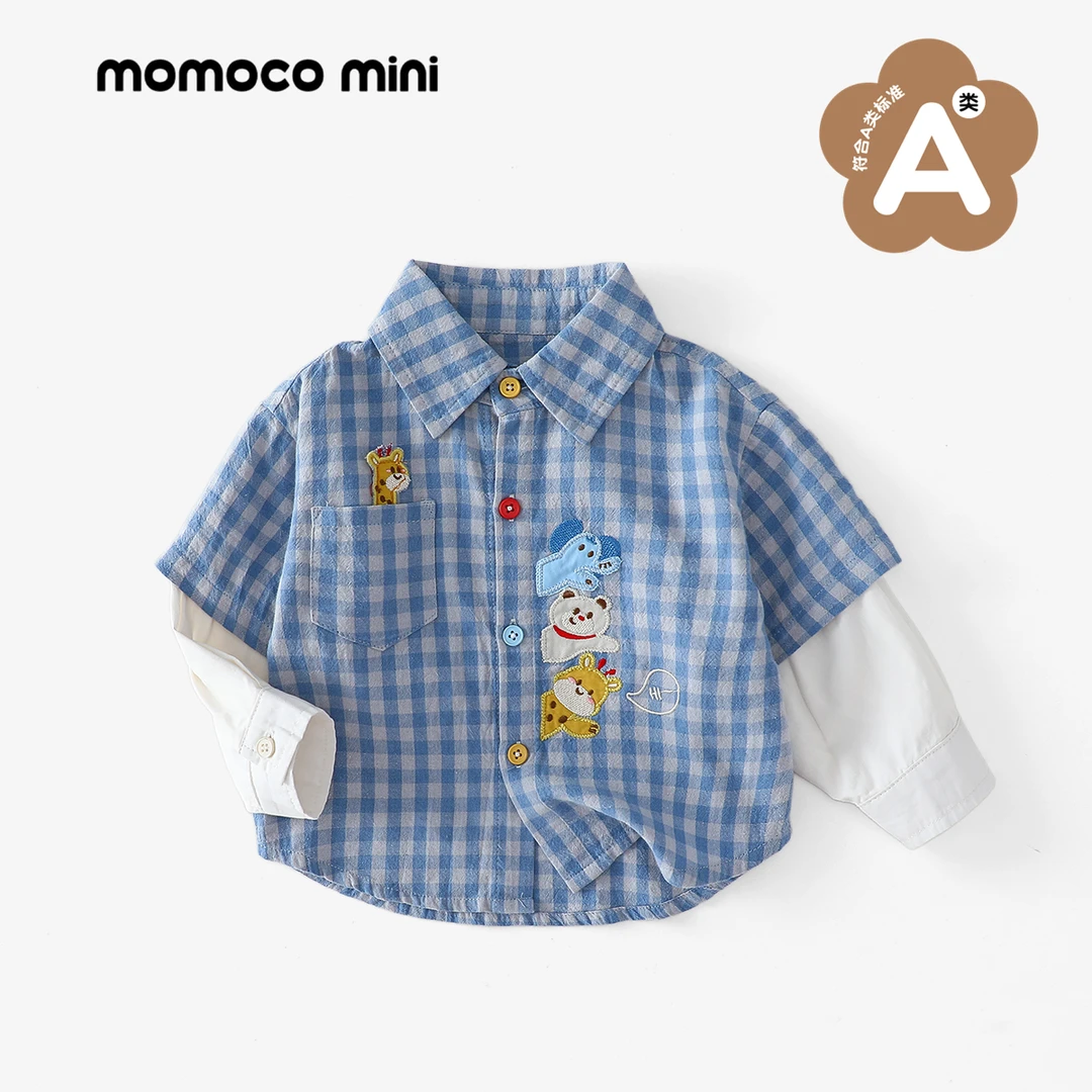 【现货】MOMOCOmini婴童格子小动物拼接长袖男女宝衬衫87910129007