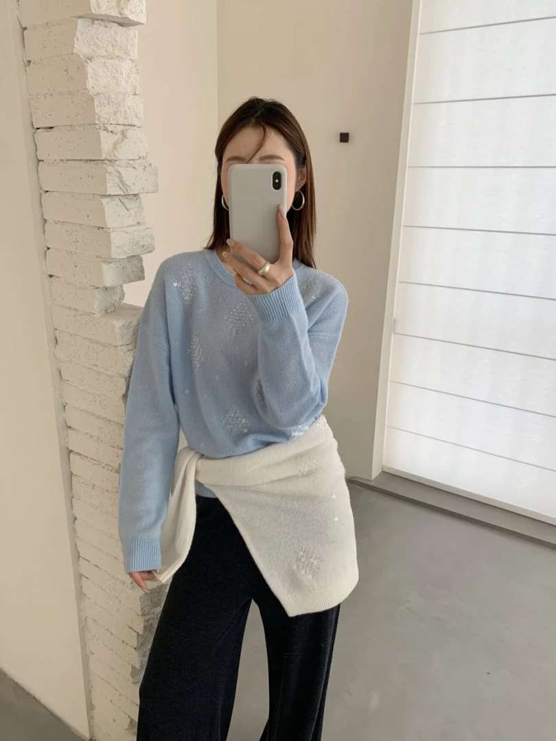【素简.830159】秋冬新款羊驼毛+山羊绒珠管菱格刺绣女装上新针织衫