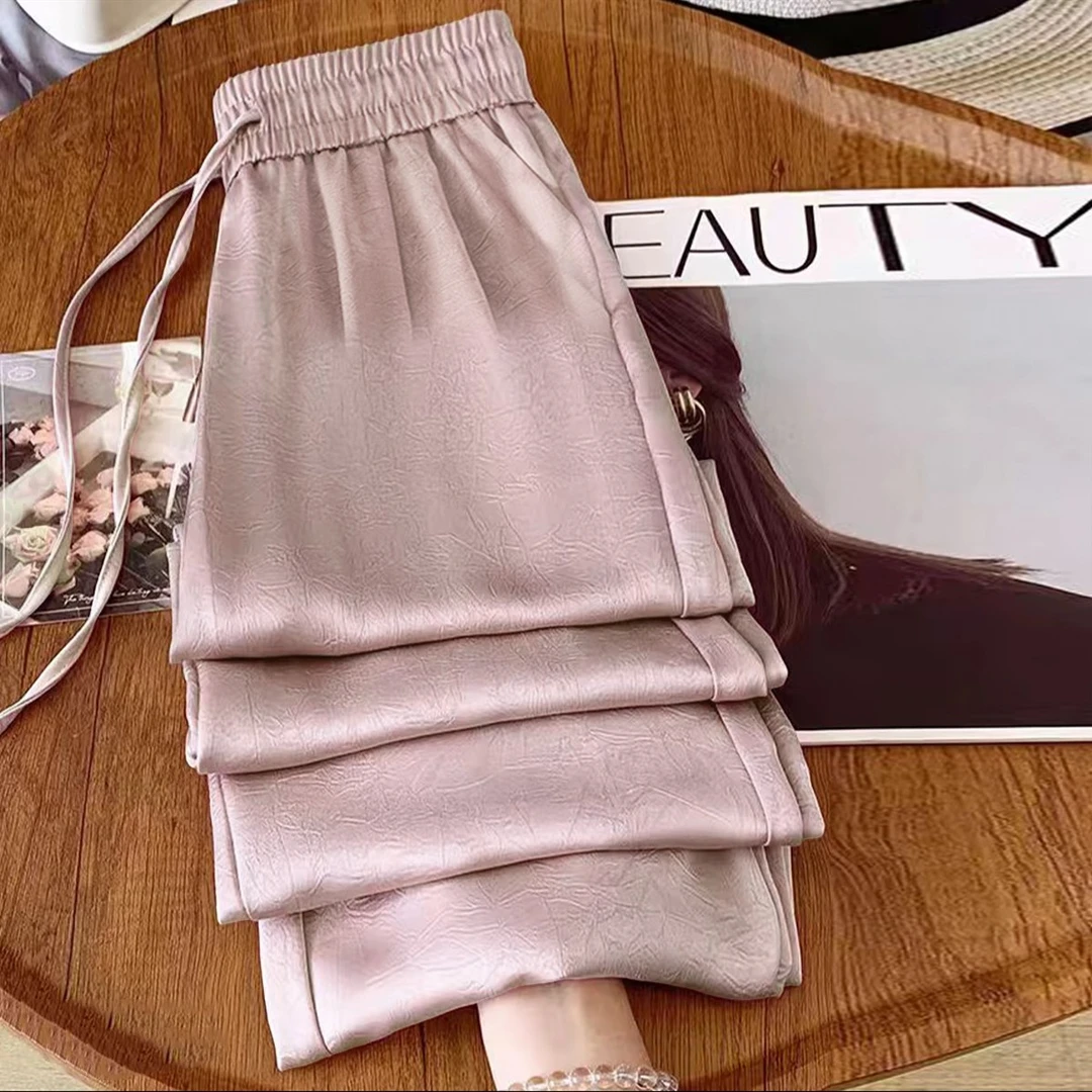 醋酸缎面印花阔腿裤女2025夏季新款薄款防晒裤垂感遛弯冰丝直筒裤