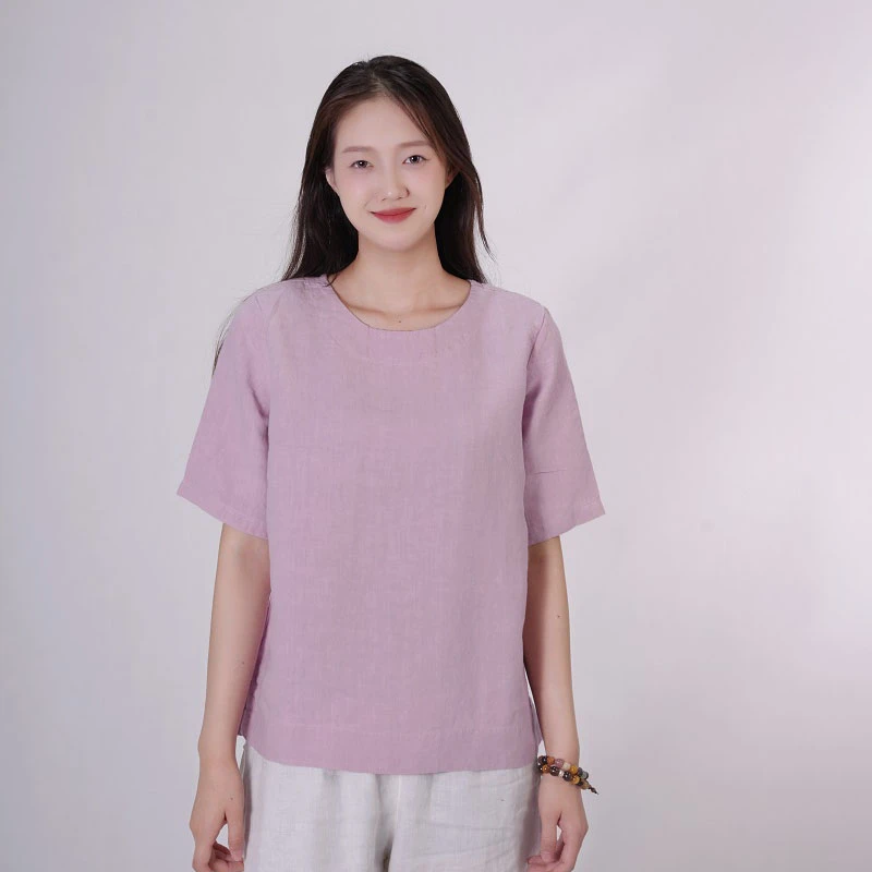 【简朴】3106汉麻T恤色织天花板上衣复古夏季新款宽松衬衫