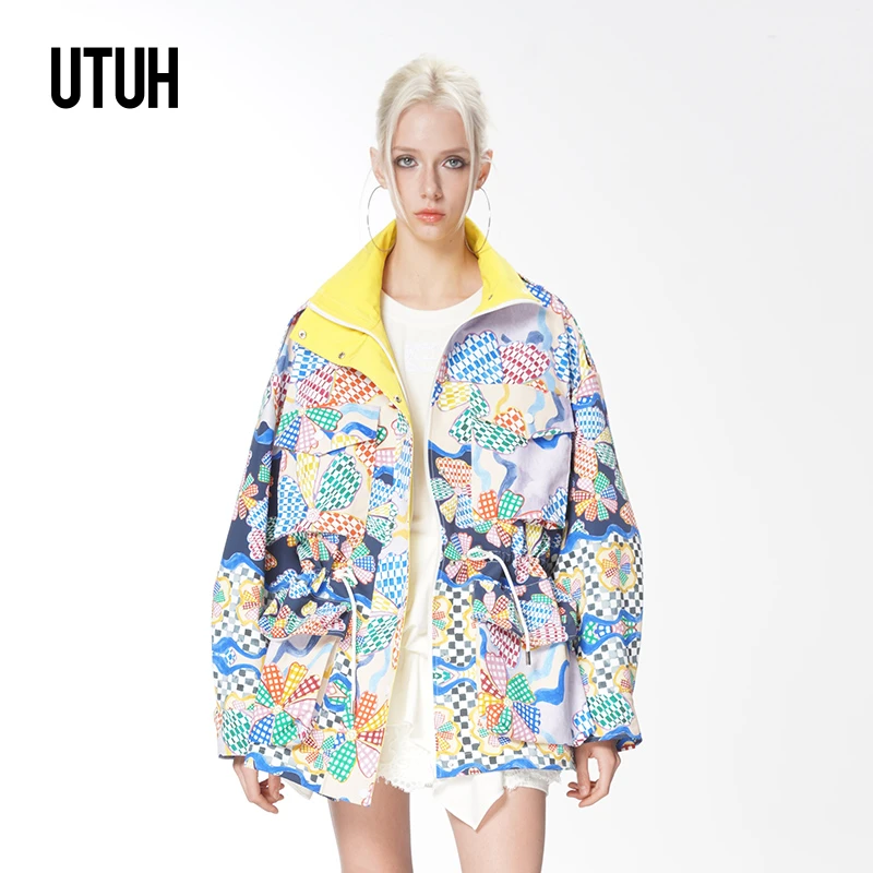 UTUH 蓝黄色氛围感艺术花朵印花外套2025春夏新款 TDWWS1W059