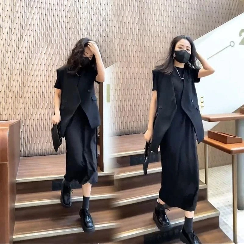 大码女装马夹显瘦套装2025夏季微胖mm针织短袖小众中长裙两件套