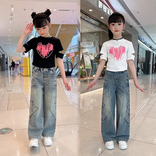 女童夏季套装后背镂空短袖2025新款中大童女孩休闲T恤飞机牛仔裤