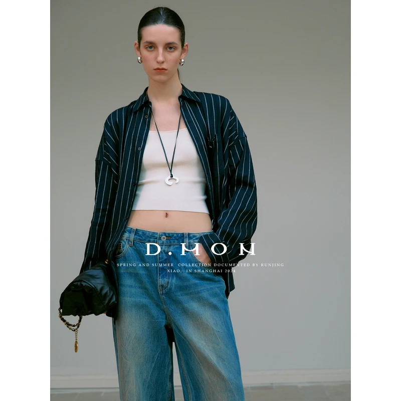 DMON|亚麻撞色条纹套装衬衣/松紧腰短裤