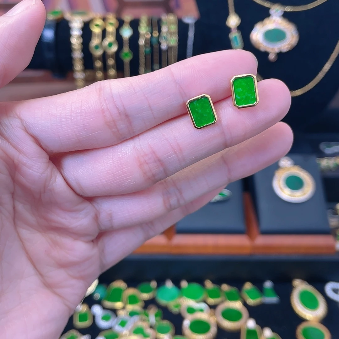 翡翠银S925镀金镶嵌耳饰