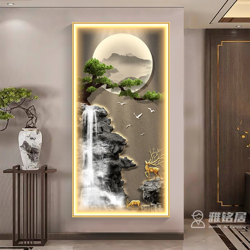 流水生财新中式入户玄关装饰画走廊过道挂画客厅墙背景画轻奢品质