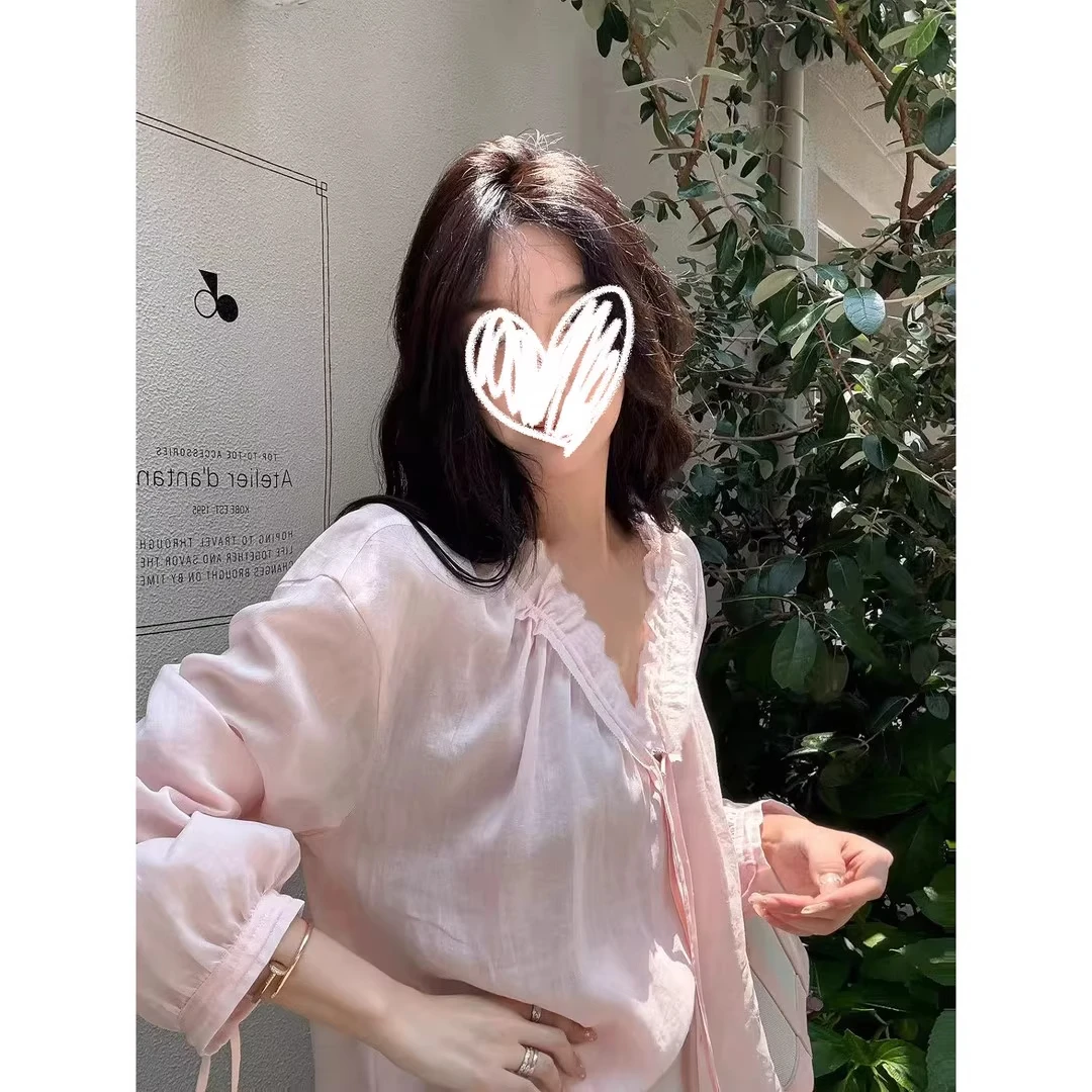 2025夏季新款莱赛尔不规则荷叶边V领长袖衬衫女薄款防晒罩衫上衣