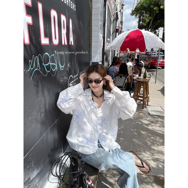 香菜不加辣XIANGCAI 慵懒设计感宽松印花长袖衬衫女春季休闲上衣