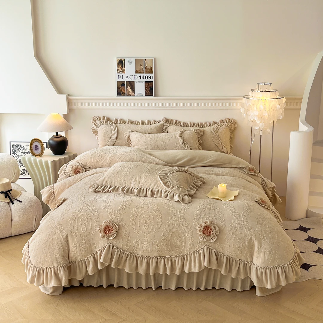 送礼【牛奶绒】正品A级秋冬季加厚床盖款绣花牛奶绒双面绒品四件套