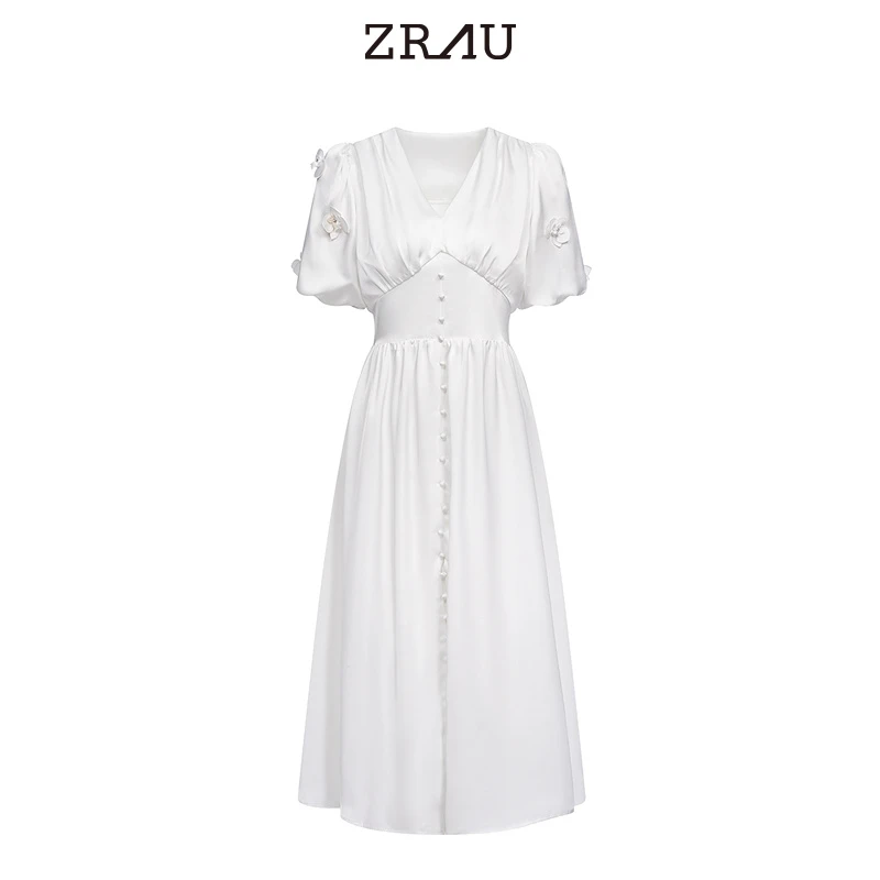 【达人专属】ZARU春夏新款法式收腰V领连衣裙泡泡袖Z1242L0055