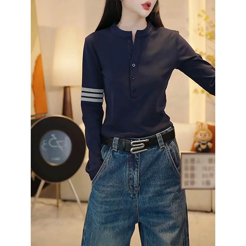 韩版洋气亨利领长袖T恤女2025秋季新款爆款休闲显瘦内搭打底上衣