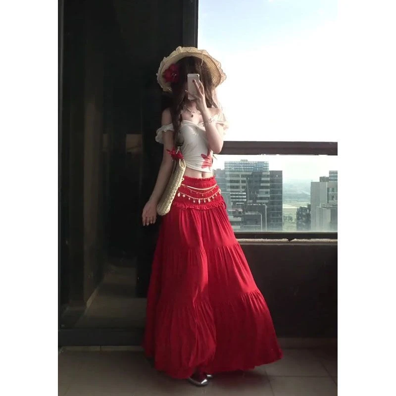 夏日绝美小套装女夏季法式氛围感度假风一字肩上衣半身长裙两件套