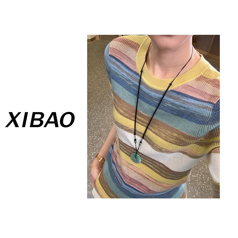 【进口彩虹纱】夏款超细精纺羊毛超显瘦圆领条纹上衣