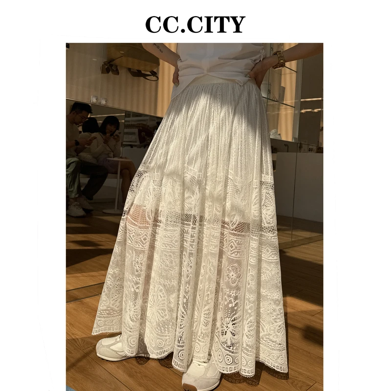 【蔡丽丽 & 添羽 】时尚洋气百搭蕾丝镂空显瘦伞裙6x780