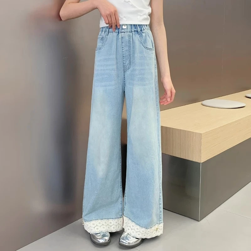 女童夏季薄款软牛仔高腰直筒裤珍珠蝴蝶结蕾丝花边轻薄儿童牛仔裤