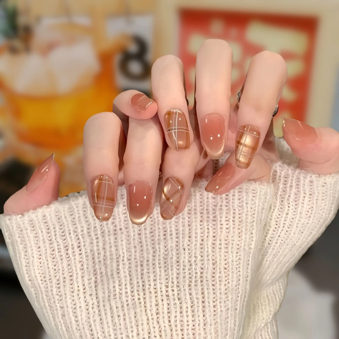 【流金格序】手工穿戴甲冰透腮红短款气质显白新款猫眼美甲穿戴甲片