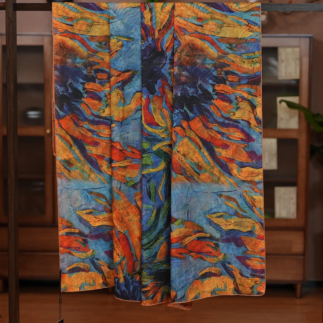 【A32-100 向日倾 】140*140龙鳞纹丝巾围巾桑蚕丝香云纱百搭夏季