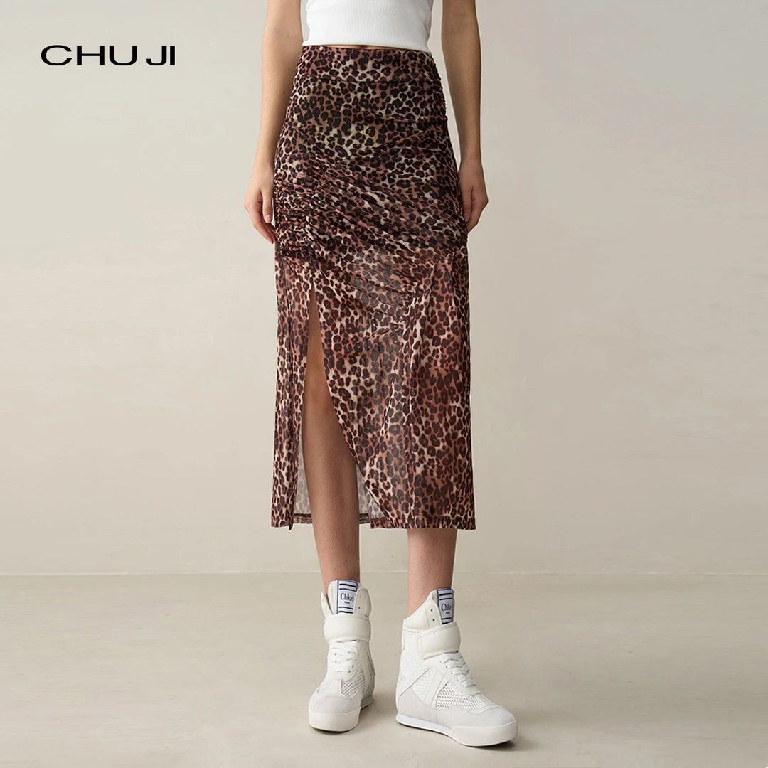 Chuji/出迹豹美人 夏季薄款微透豹纹高腰侧开叉半身裙女-E1M2138L